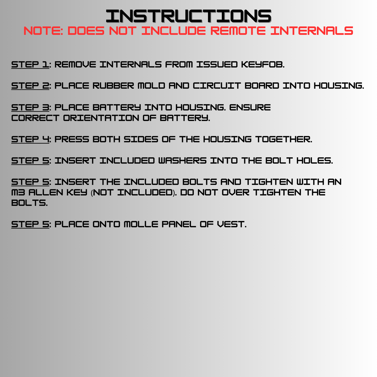 Installation instructions for NK Tactical MOLLE key fob housing showing steps to transfer key fob internals into mount