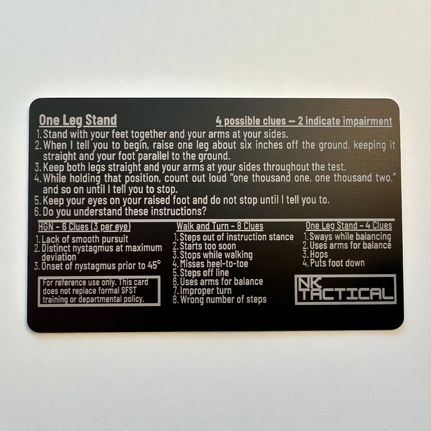 Back side of metal SFST instruction card showing One-Leg Stand test and clue summary, extra-thick laser-engraved anodized aluminum, made in USA.