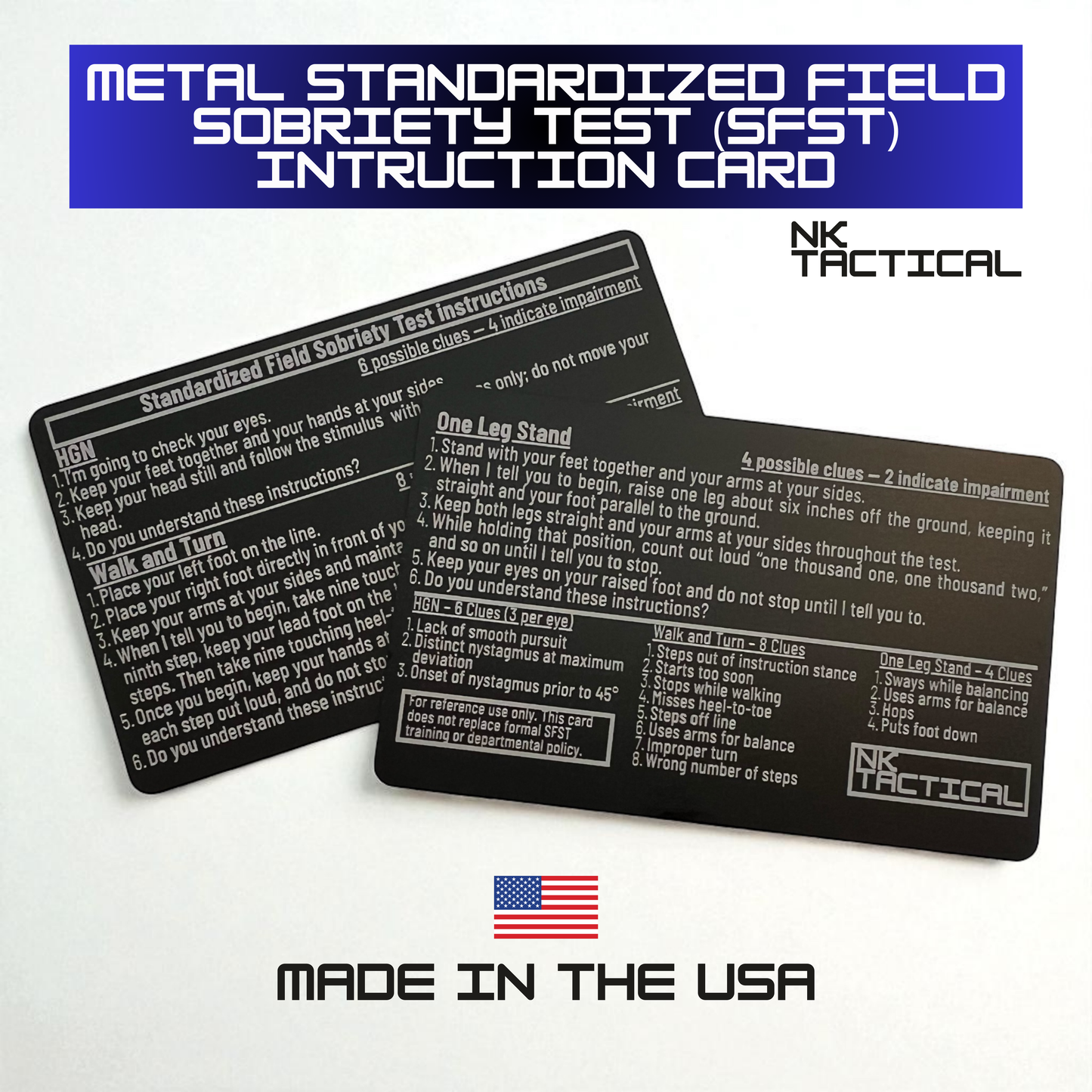 Two metal SFST instruction cards displayed together with blue title banner and NK Tactical logo, made in the USA.