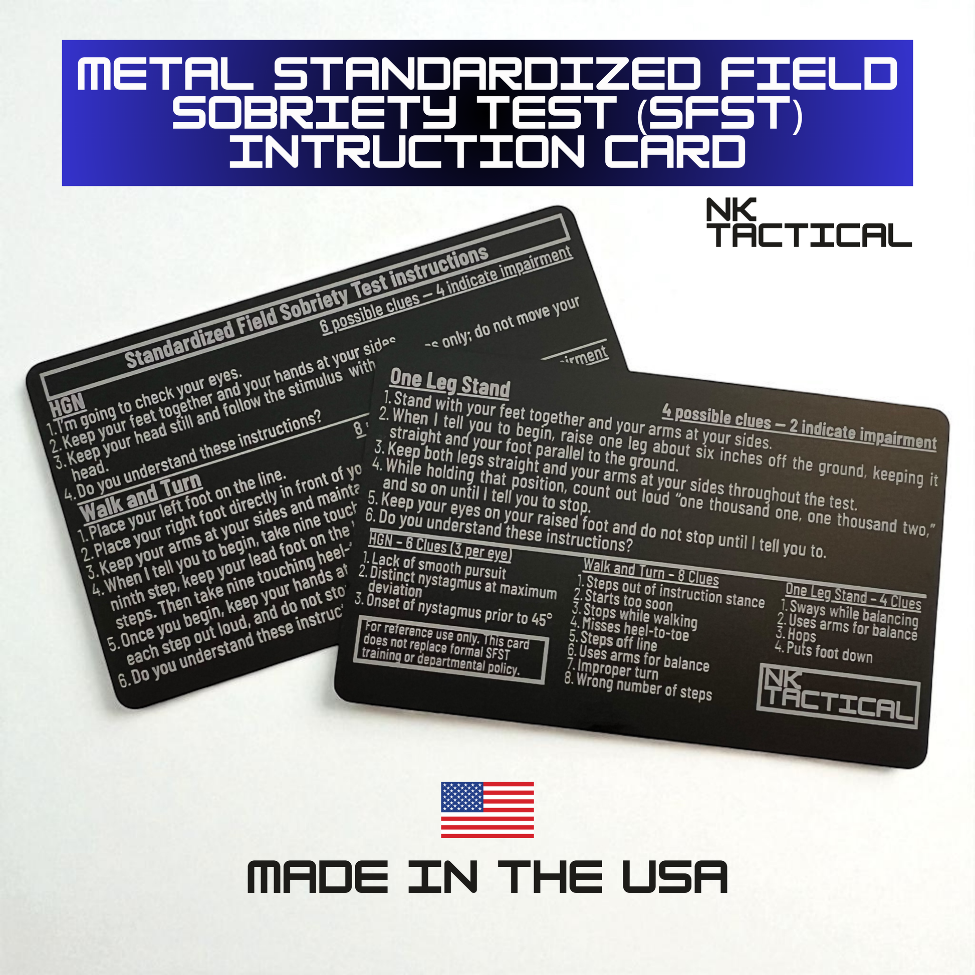 Two metal SFST instruction cards displayed together with blue title banner and NK Tactical logo, made in the USA.
