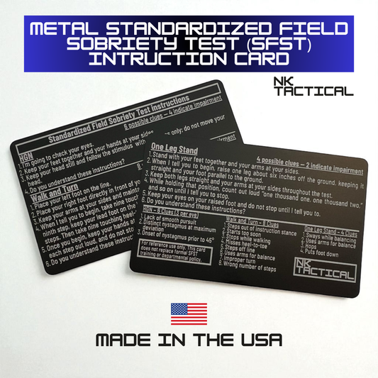 Two metal SFST instruction cards displayed together with blue title banner and NK Tactical logo, made in the USA.