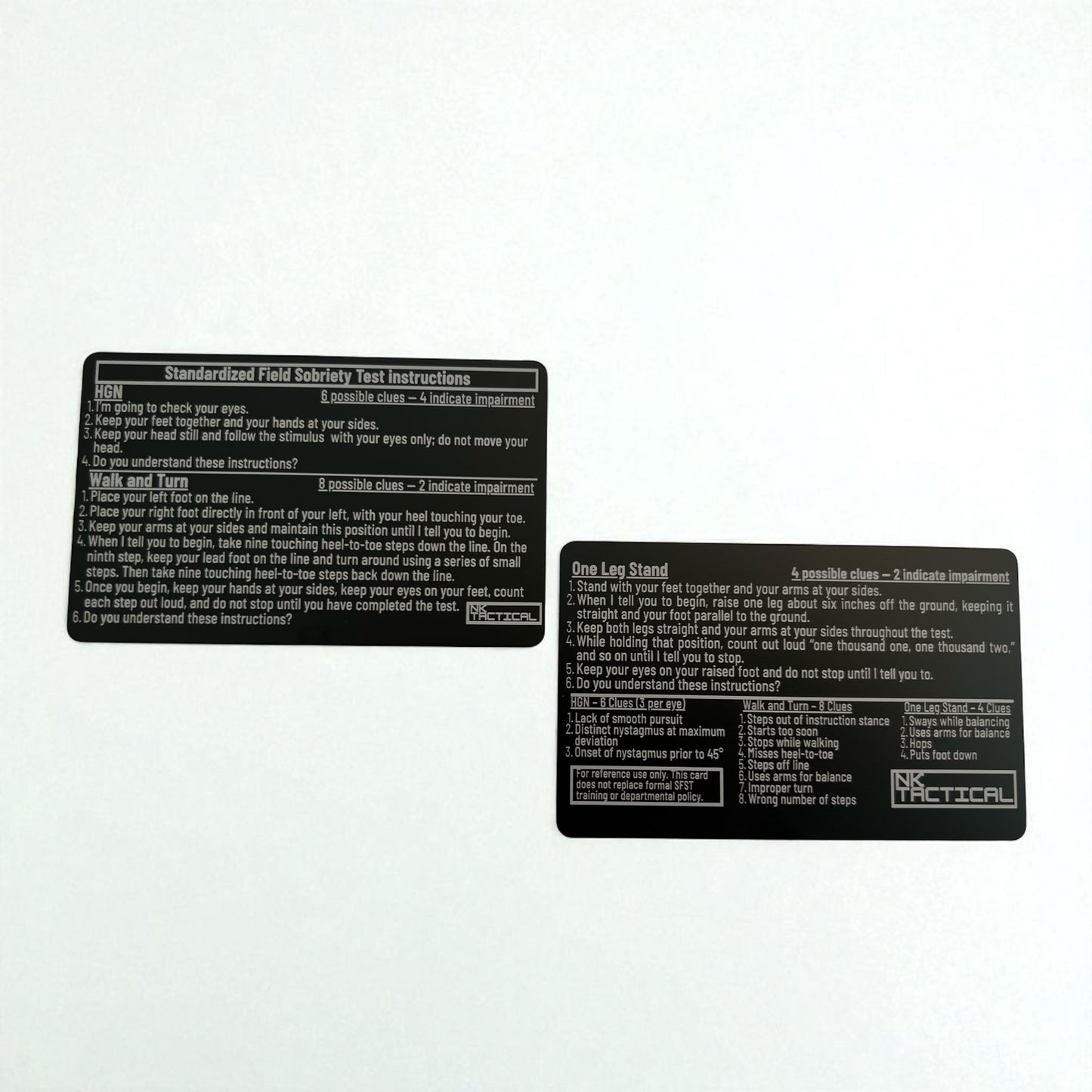 Pair of NK Tactical metal SFST instruction cards on white background, showing both HGN and One-Leg Stand sides.