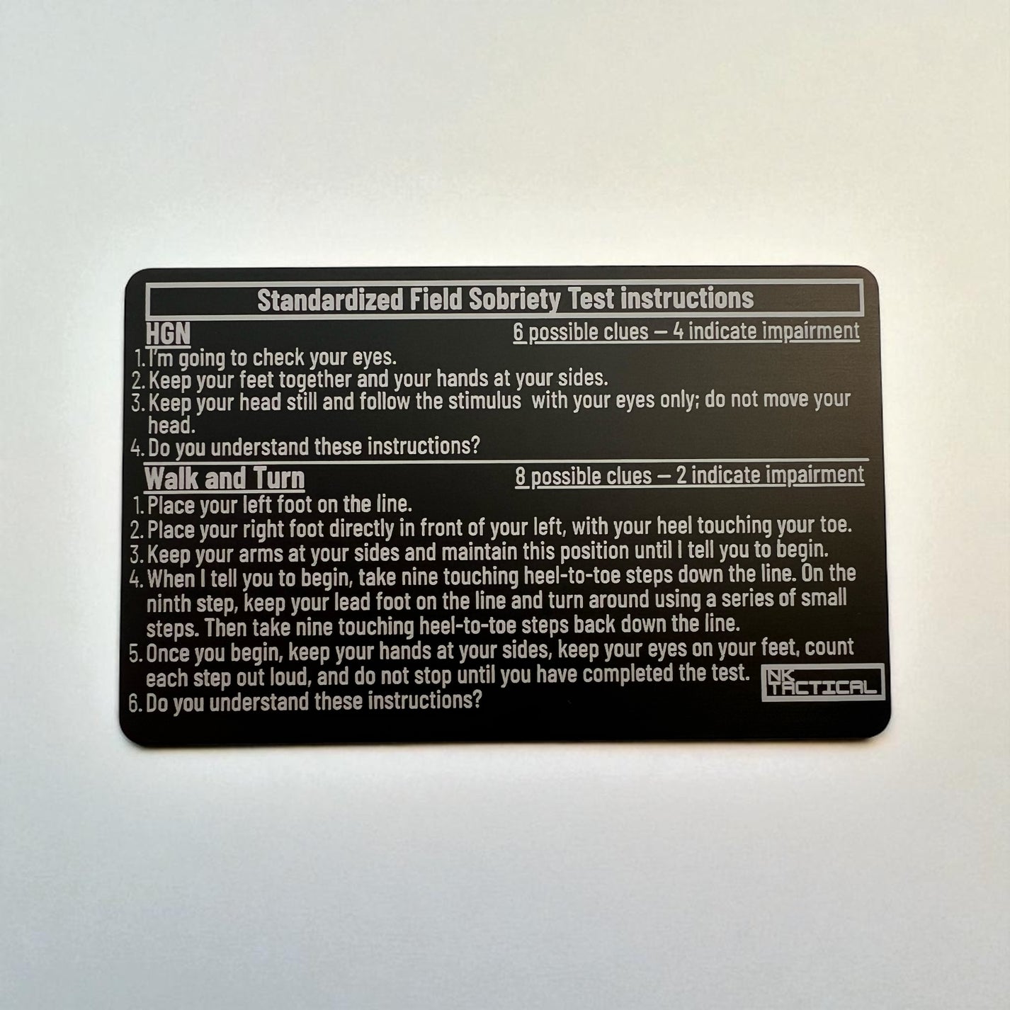 Metal SFST Instruction Card – Field Sobriety Test Reference Tool – NK ...