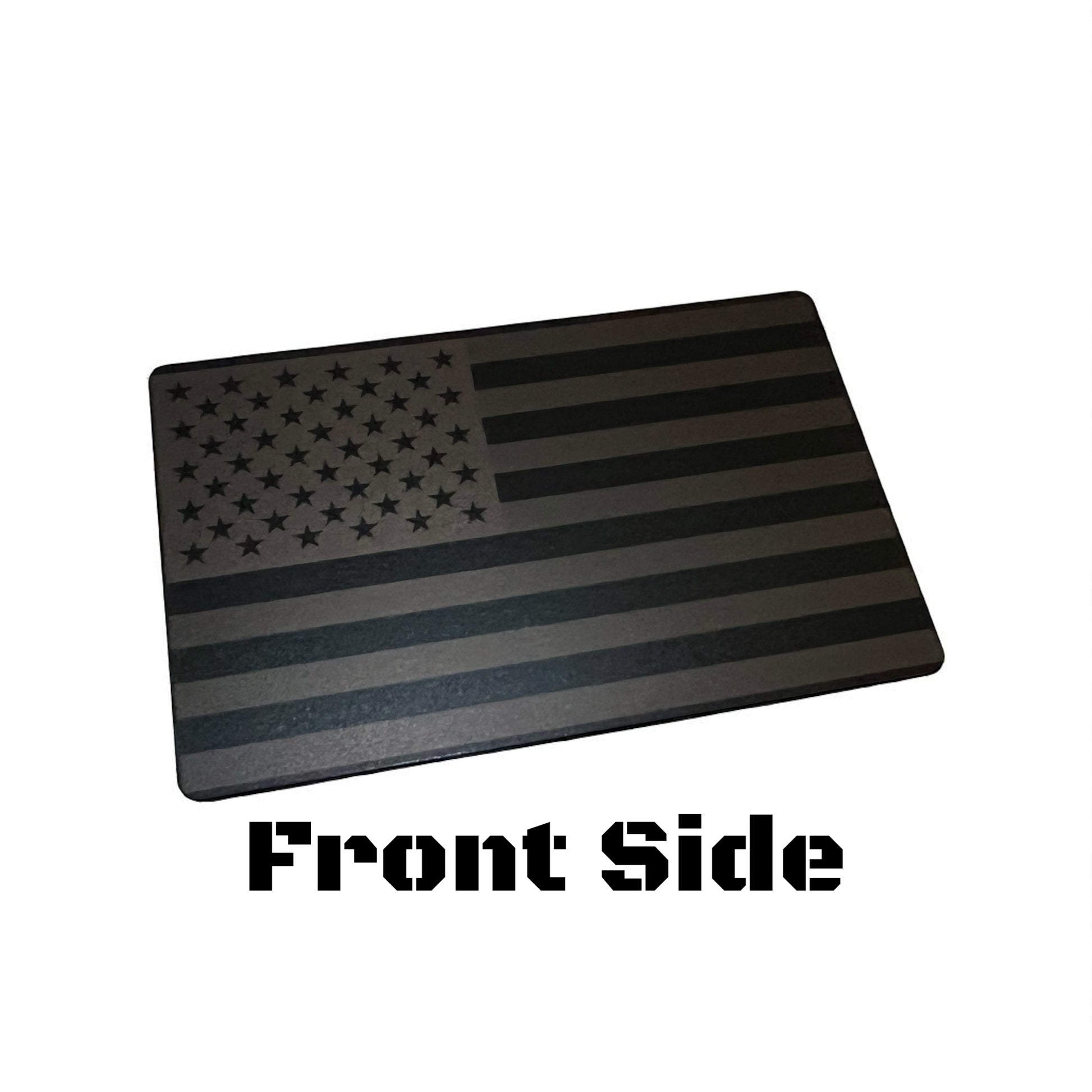 Front side of metal Miranda Warnings Card with engraved black American flag design by NK Tactical.