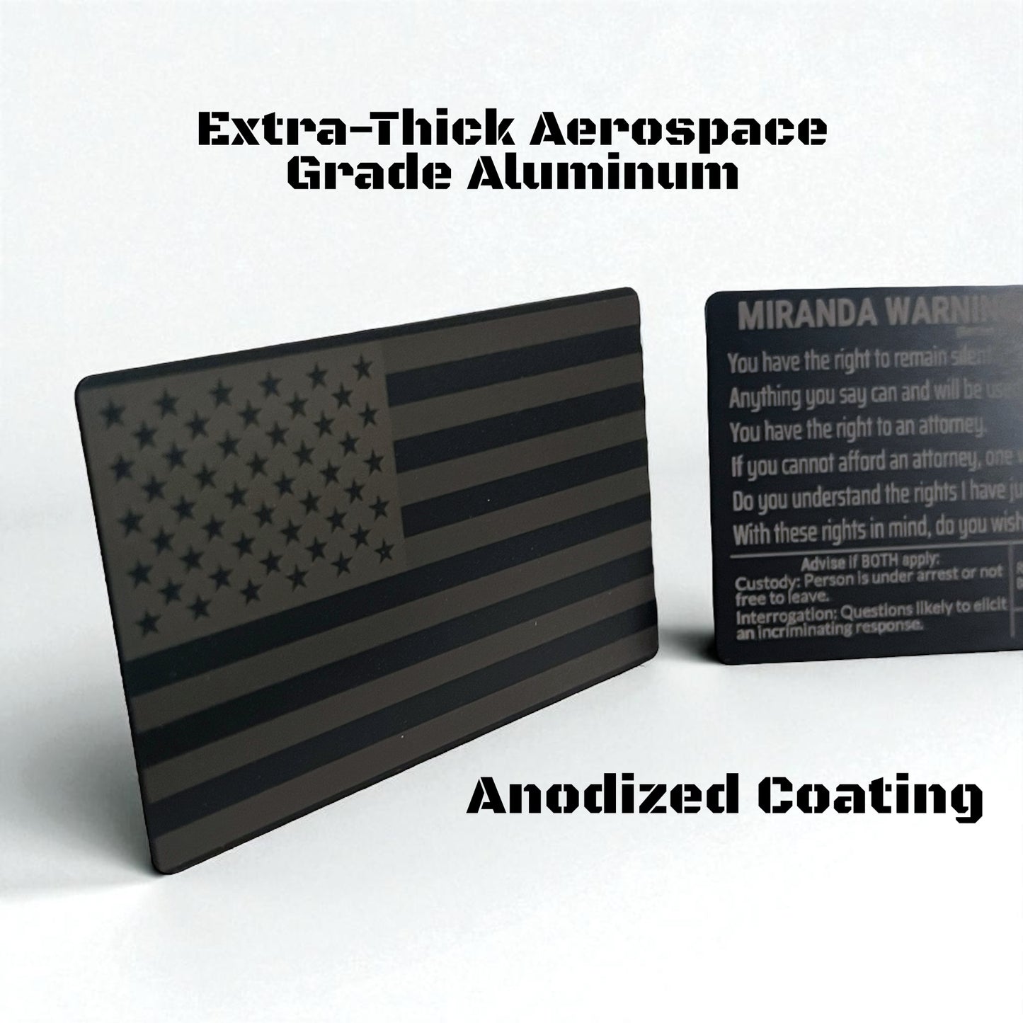 Studio photo of NK Tactical Metal Miranda Warnings Card highlighting anodized coating and aerospace-grade aluminum construction.