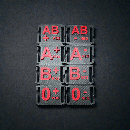 Full set of NK Tactical MOLLE mounted blood type tags displayed in all types: AB, A, B, and O, positive and negative.