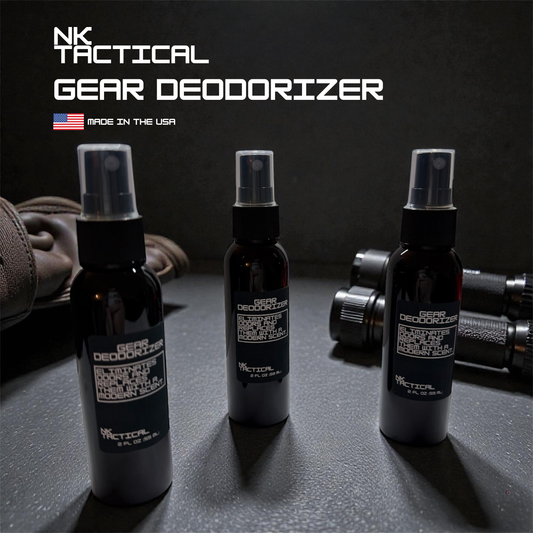 NK Tactical gear deodorizer spray lineup made in the USA, professional odor eliminator for duty gear, vests, and equipment