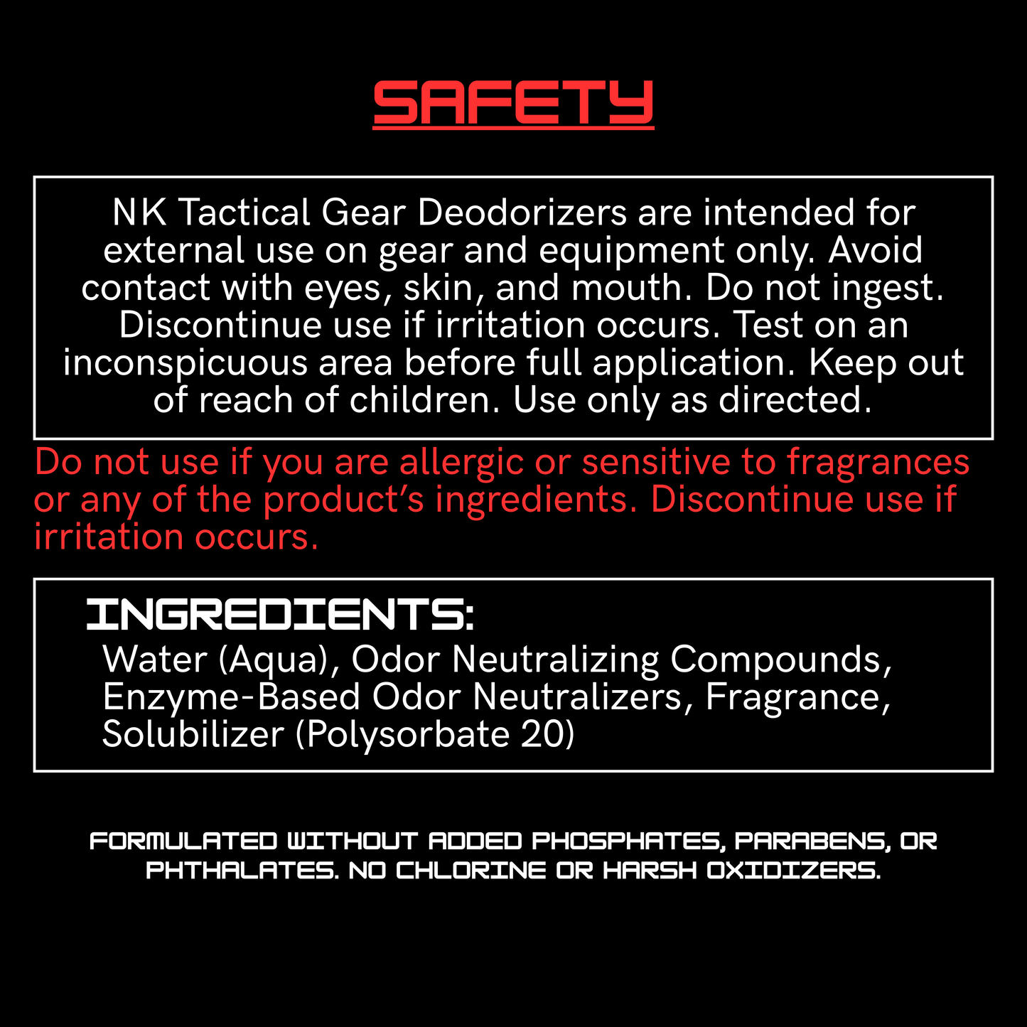 Safety warnings and ingredient list for NK Tactical gear deodorizer spray including external use instructions and odor neutralizing formula details