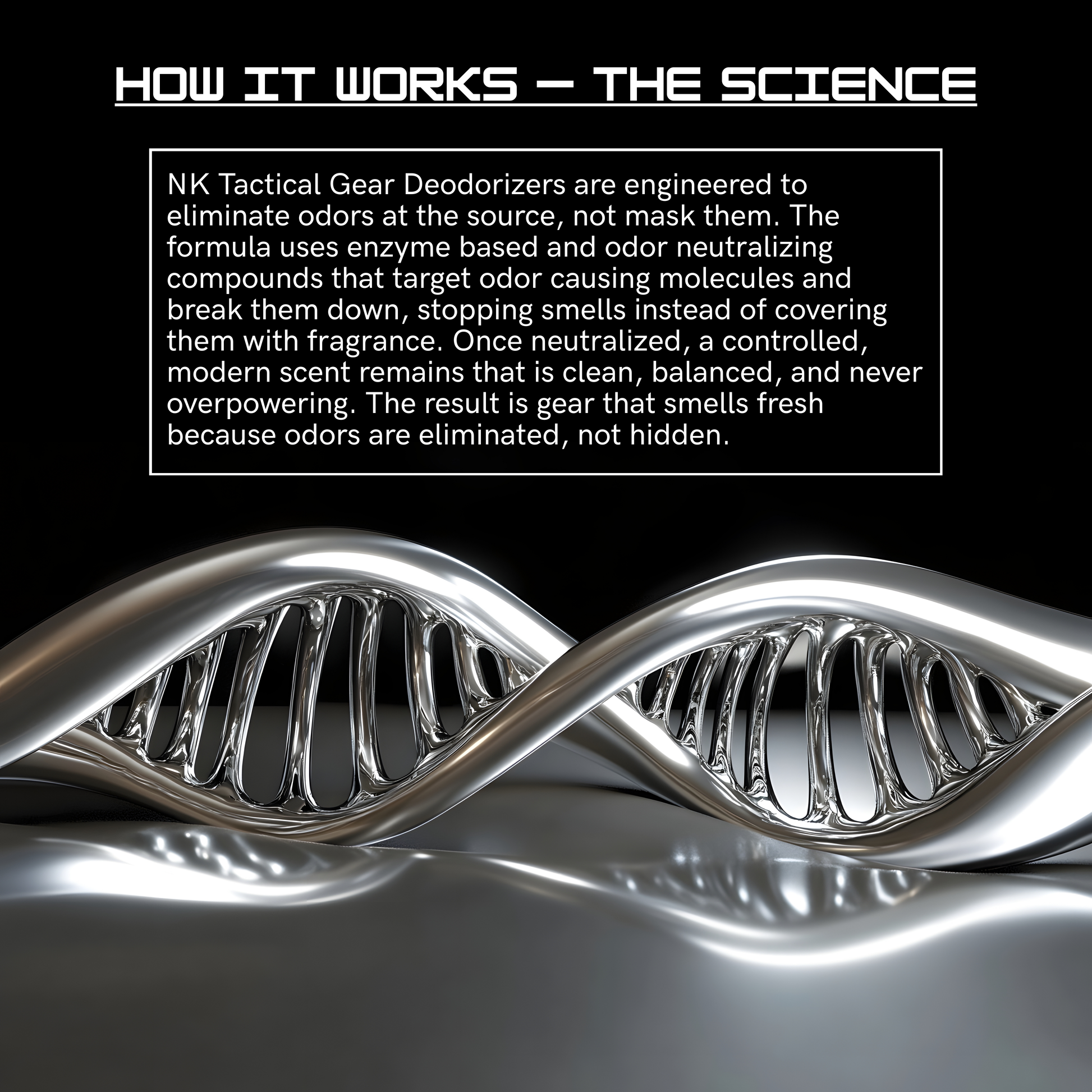 Diagram explaining how NK Tactical gear deodorizer eliminates odors at the source using enzyme based odor neutralizing compounds