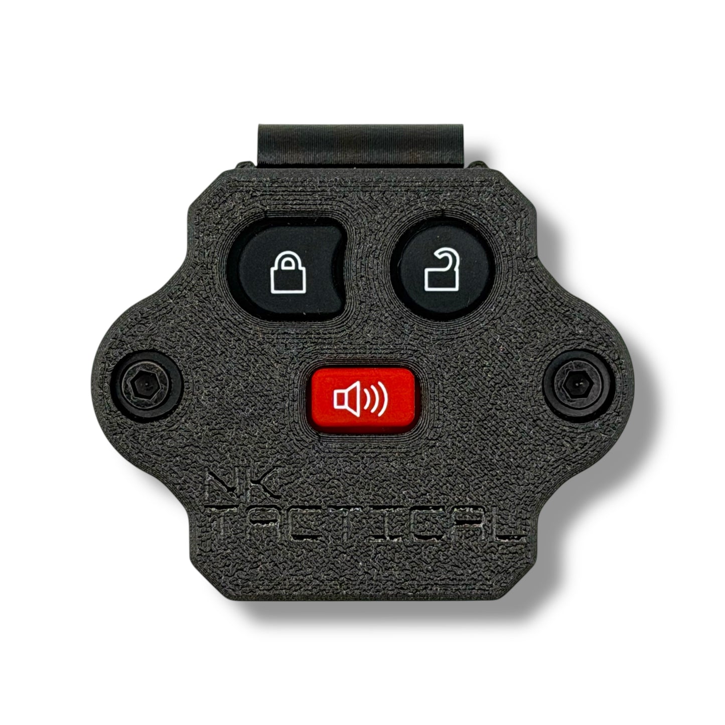 NK Tactical MOLLE-mounted Ford key fob housing with lock, unlock, and panic buttons in carbon fiber reinforced polymer