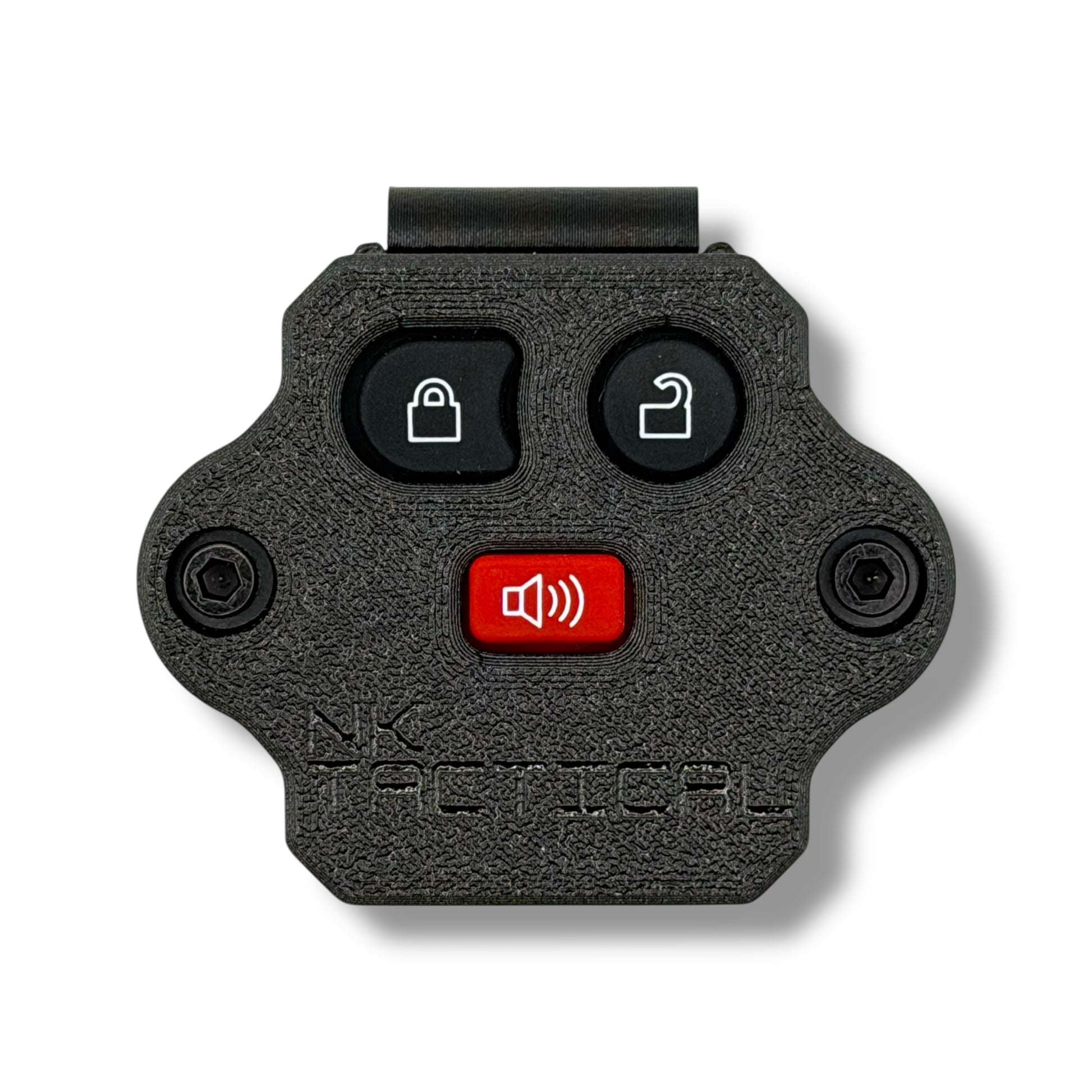 NK Tactical MOLLE-mounted Ford key fob housing with lock, unlock, and panic buttons in carbon fiber reinforced polymer