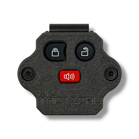 NK Tactical MOLLE-mounted Ford key fob housing with lock, unlock, and panic buttons in carbon fiber reinforced polymer