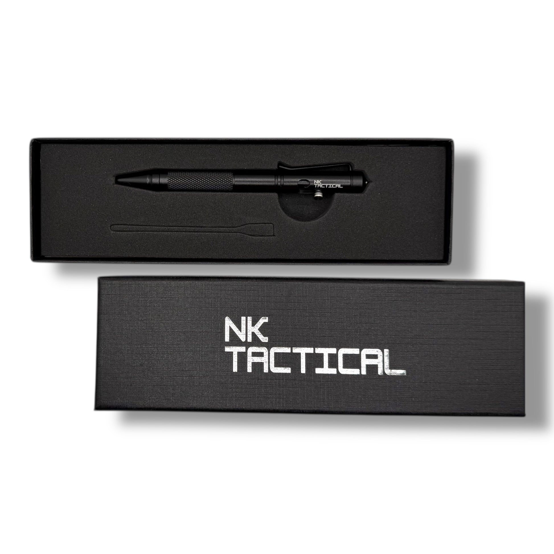 NK Tactical bolt-action EDC pen displayed in premium black presentation box, compact tactical pen designed for law enforcement and everyday carry