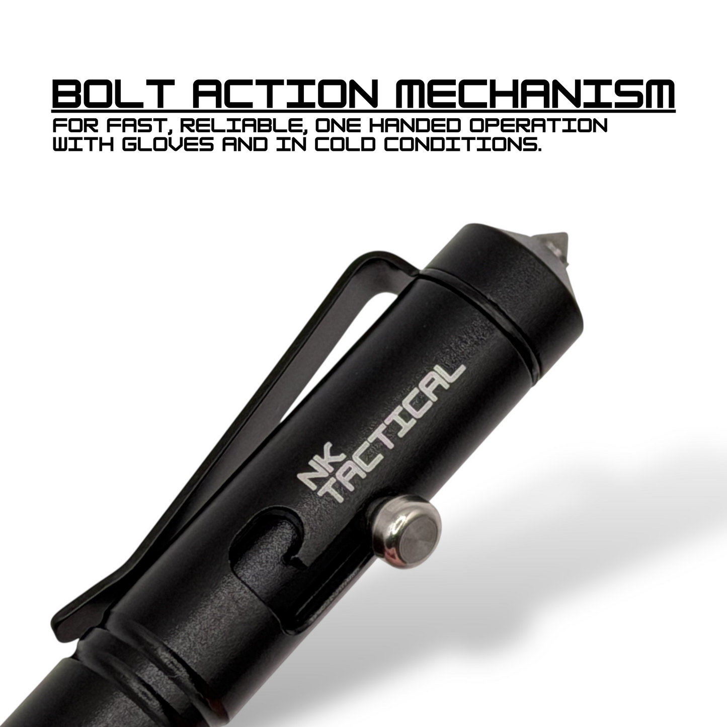 Bolt-action tactical EDC pen by NK Tactical showing one-handed deployment mechanism for reliable use with gloves and in cold conditions