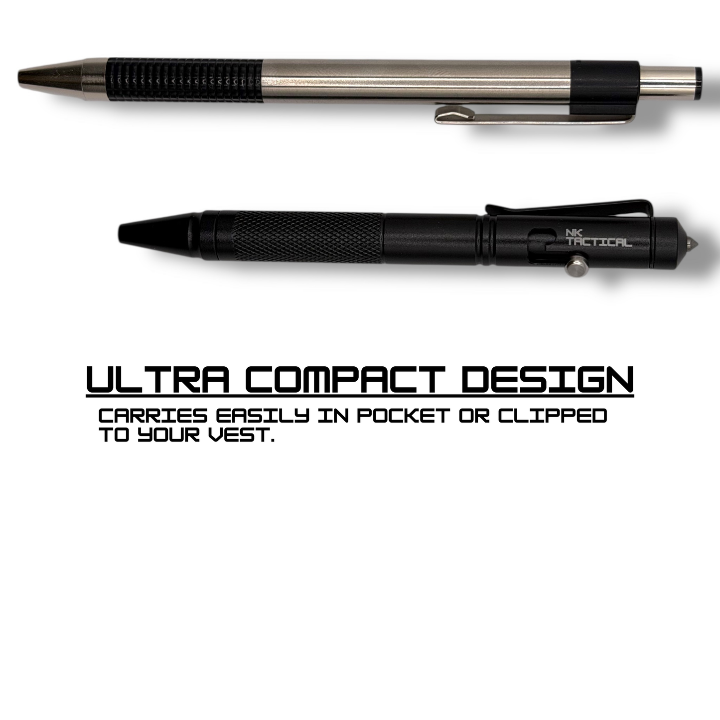 Ultra-compact NK Tactical EDC pen compared to a standard pen, designed for easy pocket carry and vest or MOLLE attachment