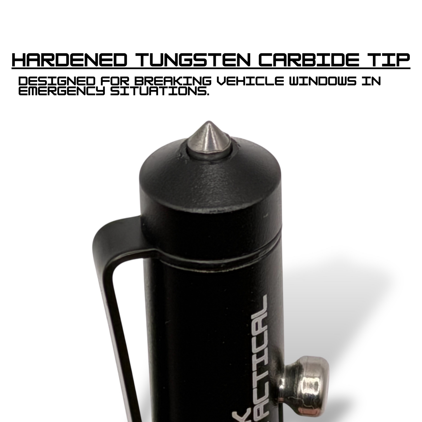 Close-up of hardened tungsten carbide tip on NK Tactical EDC pen, designed for breaking vehicle windows in emergency situations