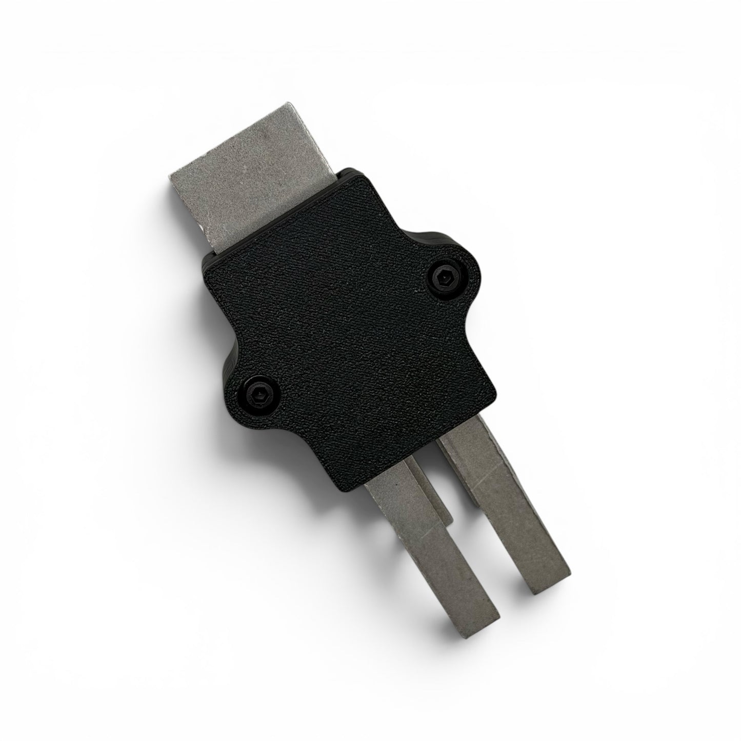 Police radar tuning fork holder with two tuning forks secured in compact visor-mounted design