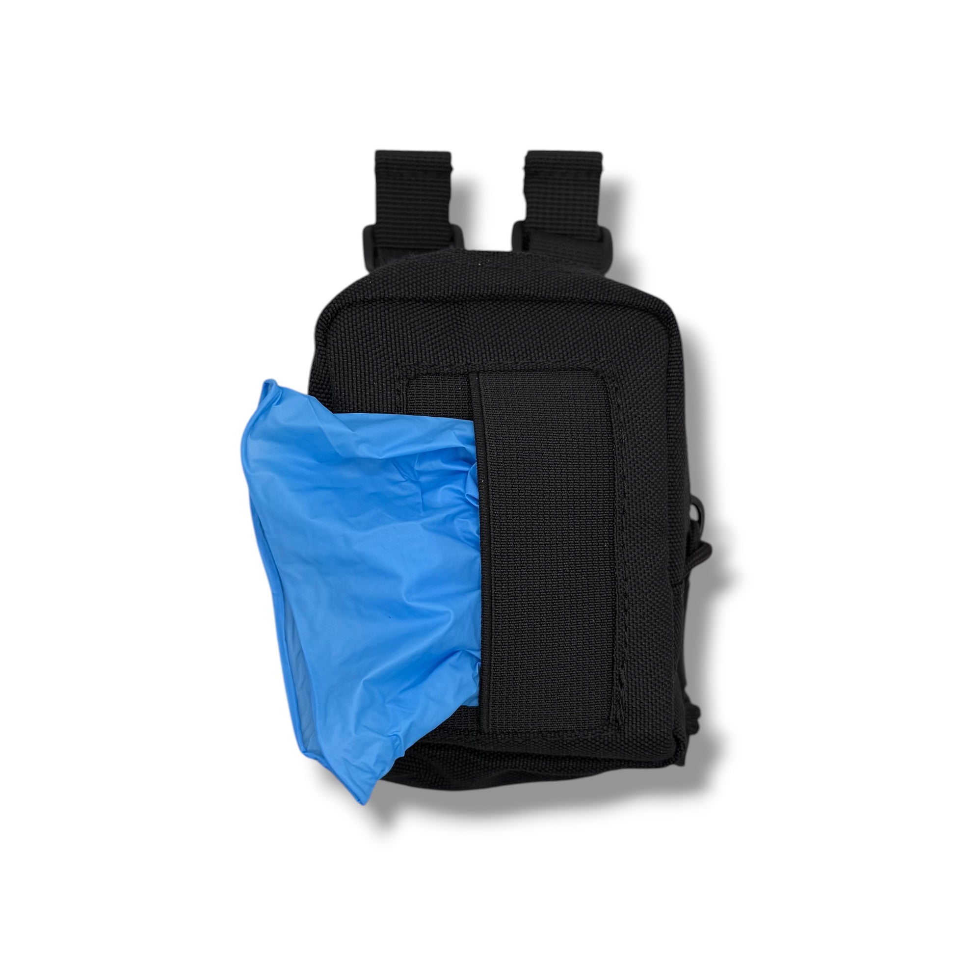 GloveNest MOLLE disposable glove pouch dispensing blue nitrile gloves through front elastic nylon opening