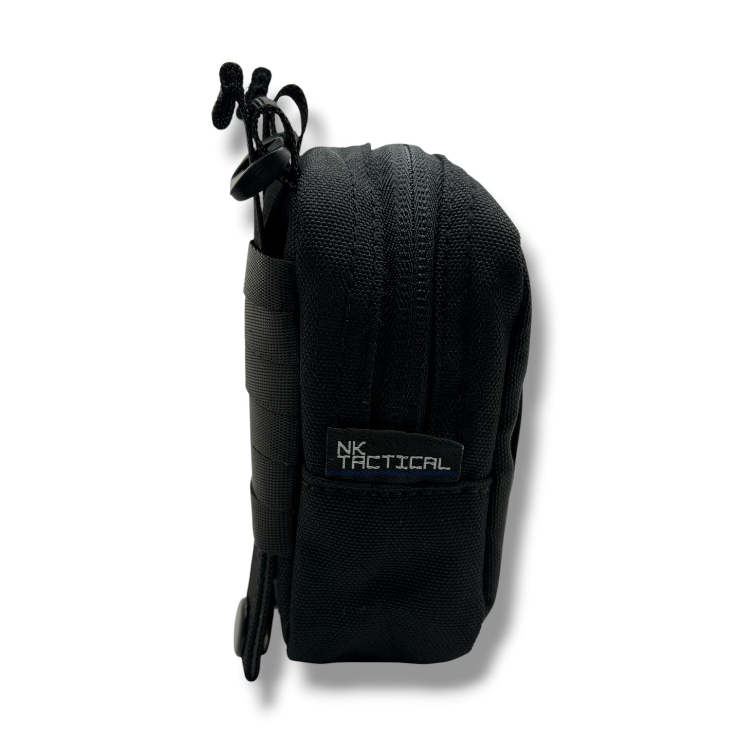 Side view of GloveNest MOLLE disposable glove pouch with NK Tactical label and nylon zipper