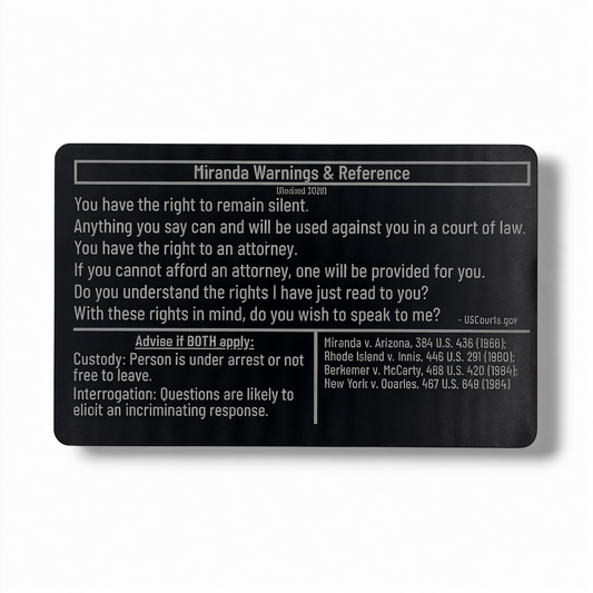 Front view of the NK Tactical Miranda Warnings and Reference Card with engraved Miranda warning text and case law references for police officers.