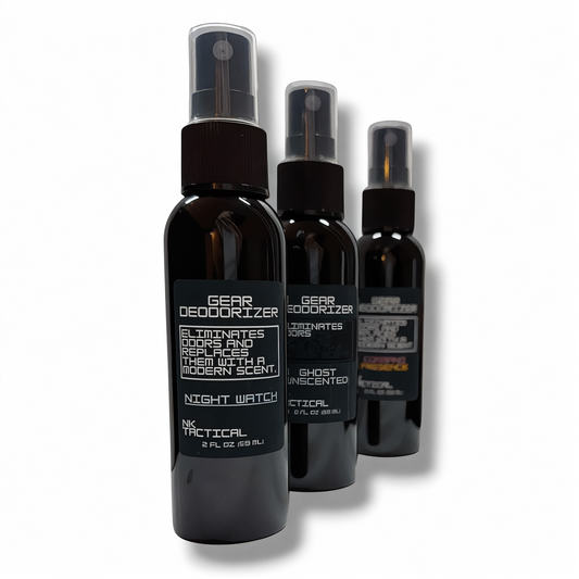NK Tactical Gear Deodorizer sprays in Night Watch, Ghost Unscented, and Command Presence options for body armor, uniforms, and tactical gear.