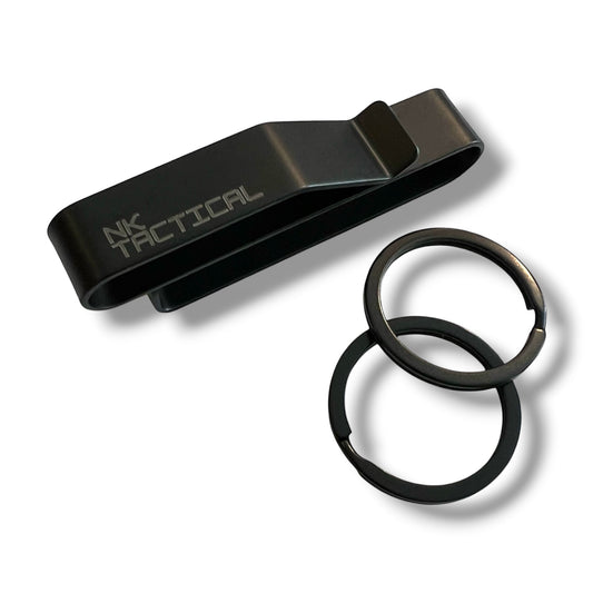 NK Tactical KeyHold™ duty key clip shown with two black split rings for securing keys to law enforcement belts or tactical gear.