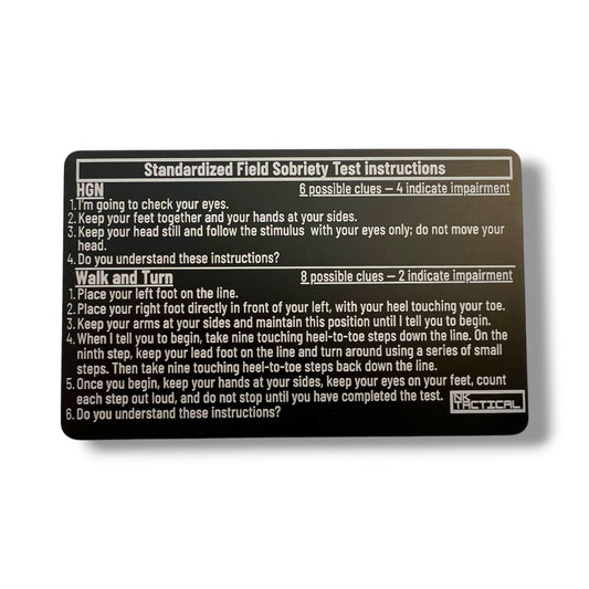 NK Tactical metal SFST reference card showing HGN and Walk-and-Turn instructions for law enforcement field sobriety testing
