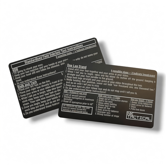 Front and back views of the NK Tactical metal SFST reference card with standardized field sobriety test instructions and impairment clues.