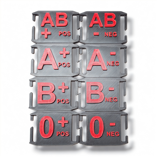 Complete set of NK Tactical MOLLE blood type tags with A, B, AB, and O positive and negative options in black and red.