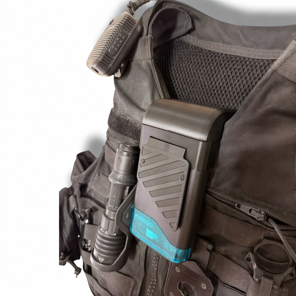 NK Tactical VestFlow body armor cooling fan mounted on a law enforcement tactical vest beside a radio microphone and flashlight.