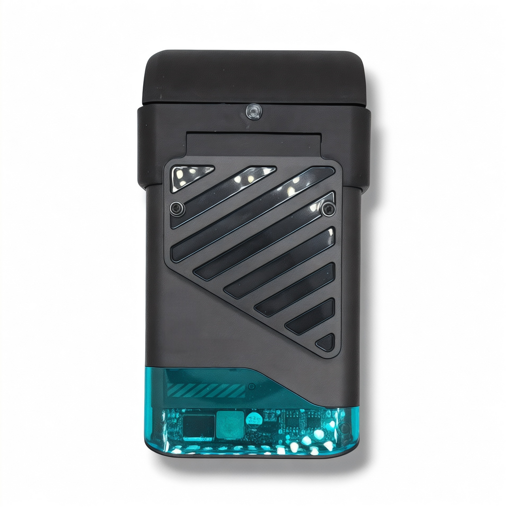 Front view of the NK Tactical VestFlow body armor cooling fan with protective intake grille and transparent blue lower housing.