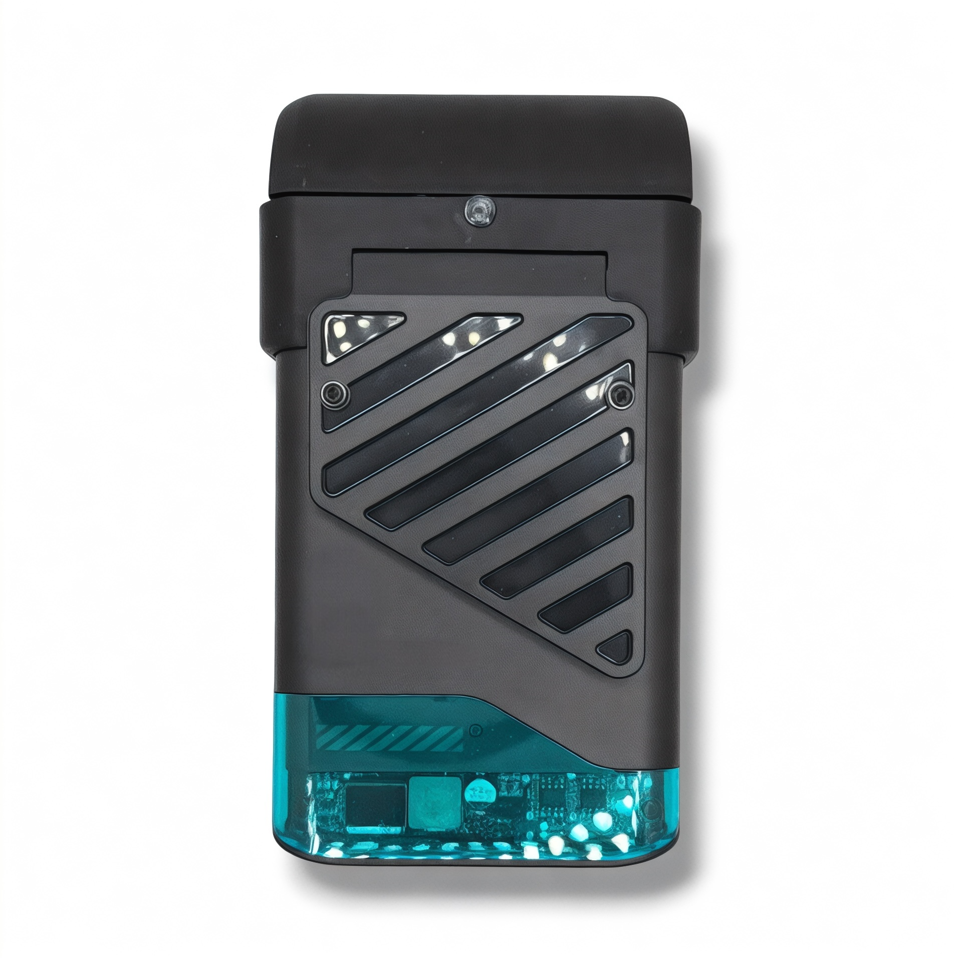 Front view of the NK Tactical VestFlow body armor cooling fan with protective intake grille and transparent blue lower housing.