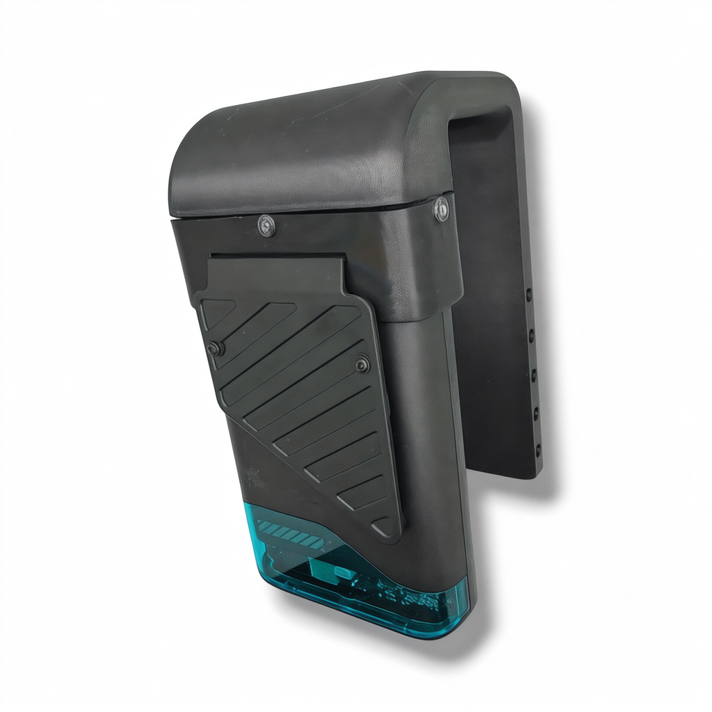 Angled view of the NK Tactical VestFlow vest cooling fan showing its low-profile black housing, intake grille, and vest mounting arm.
