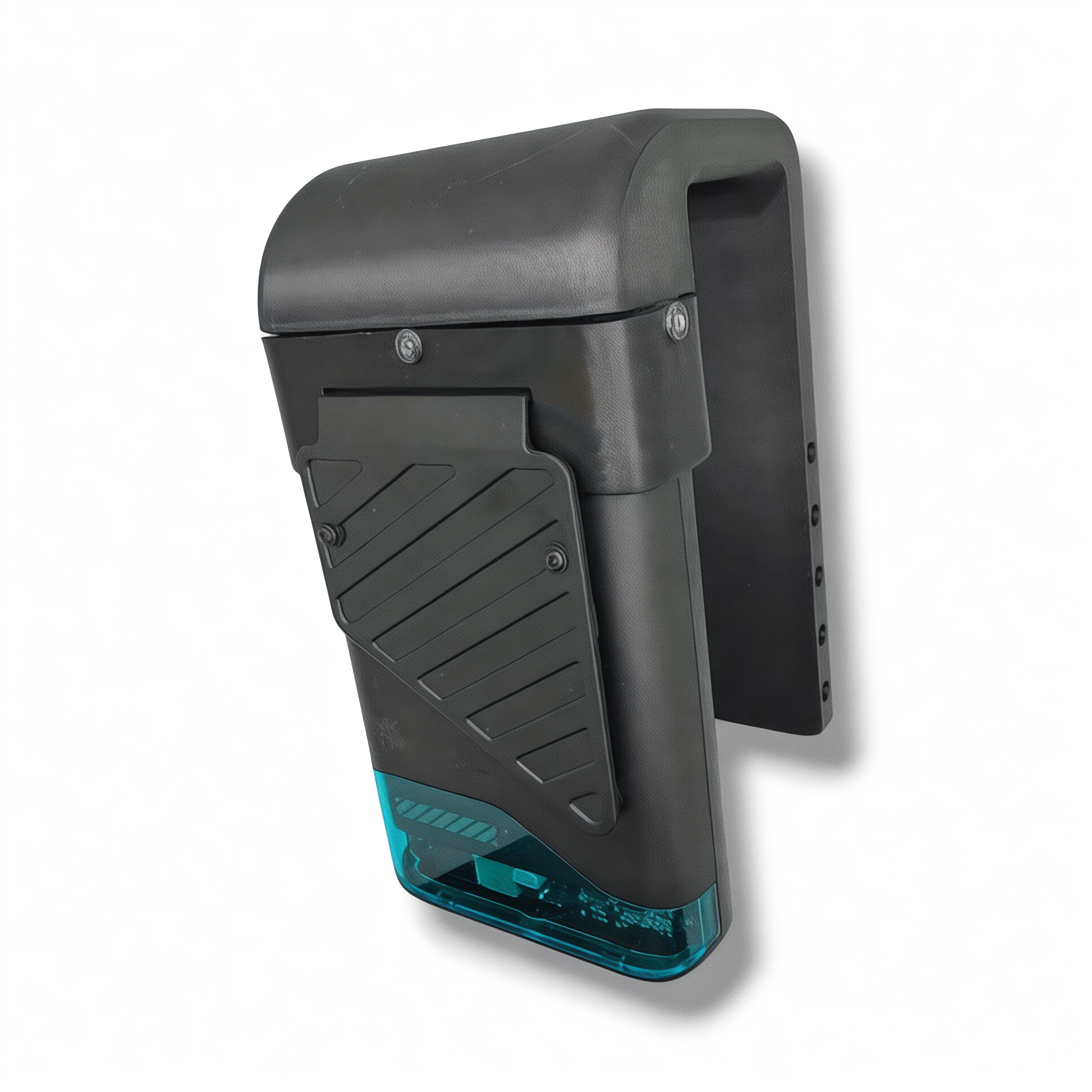 Angled view of the NK Tactical VestFlow vest cooling fan showing its low-profile black housing, intake grille, and vest mounting arm.