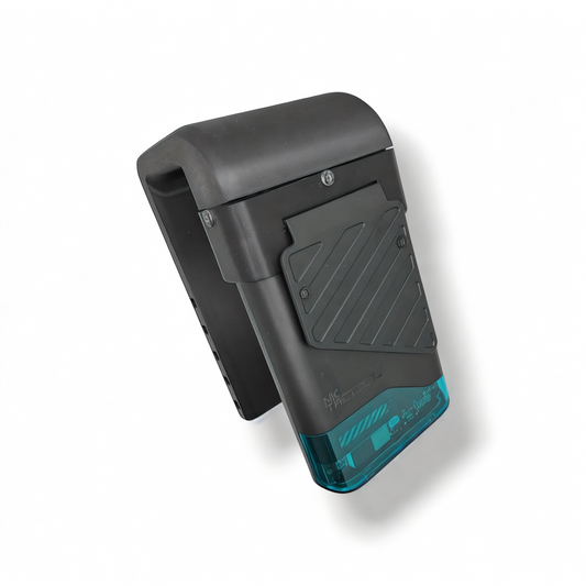 Angled view of the NK Tactical VestFlow vest cooling fan showing its low-profile black housing, intake grille, and vest mounting arm.
