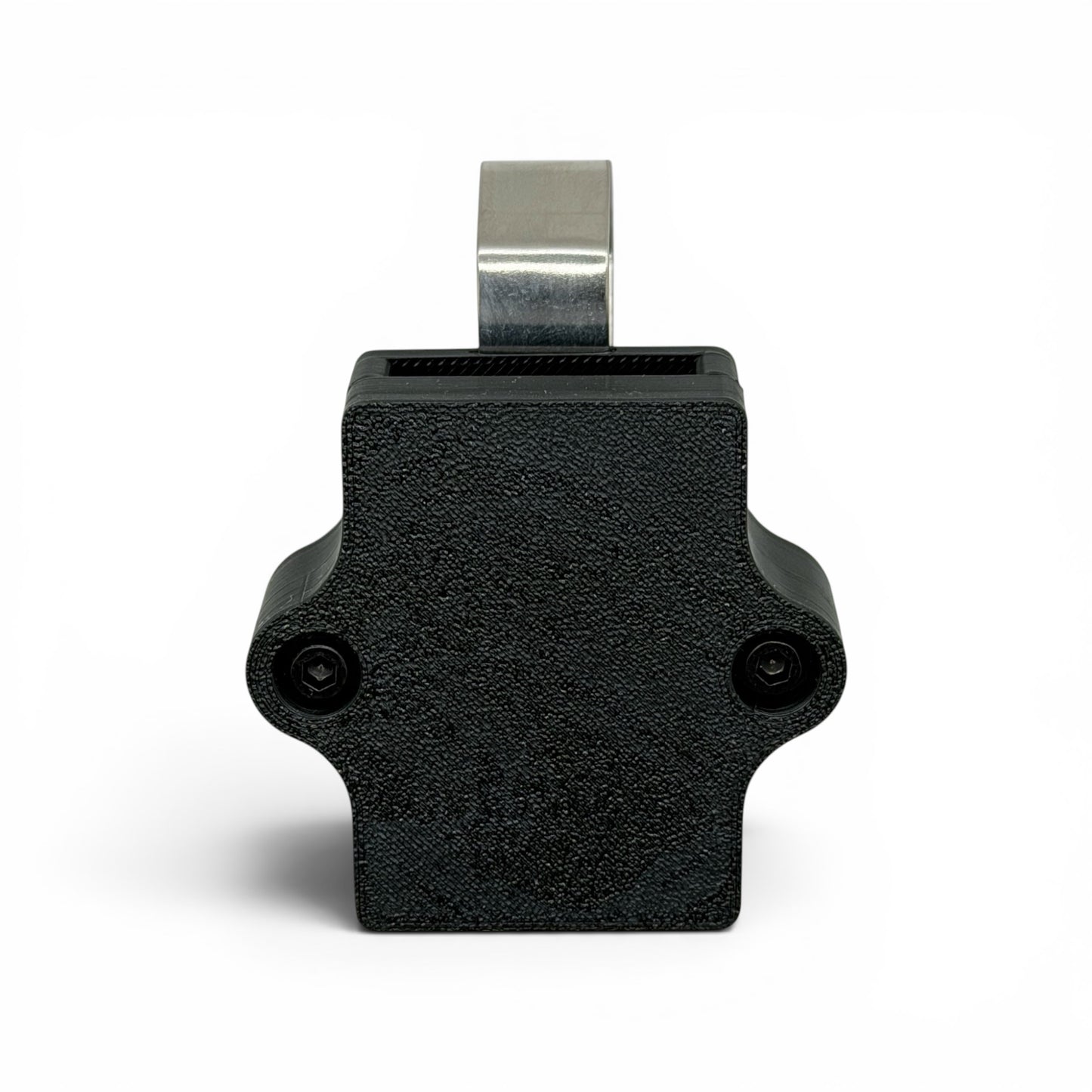 Front view of police radar tuning fork visor holder with anodized hardware and stainless steel visor clip