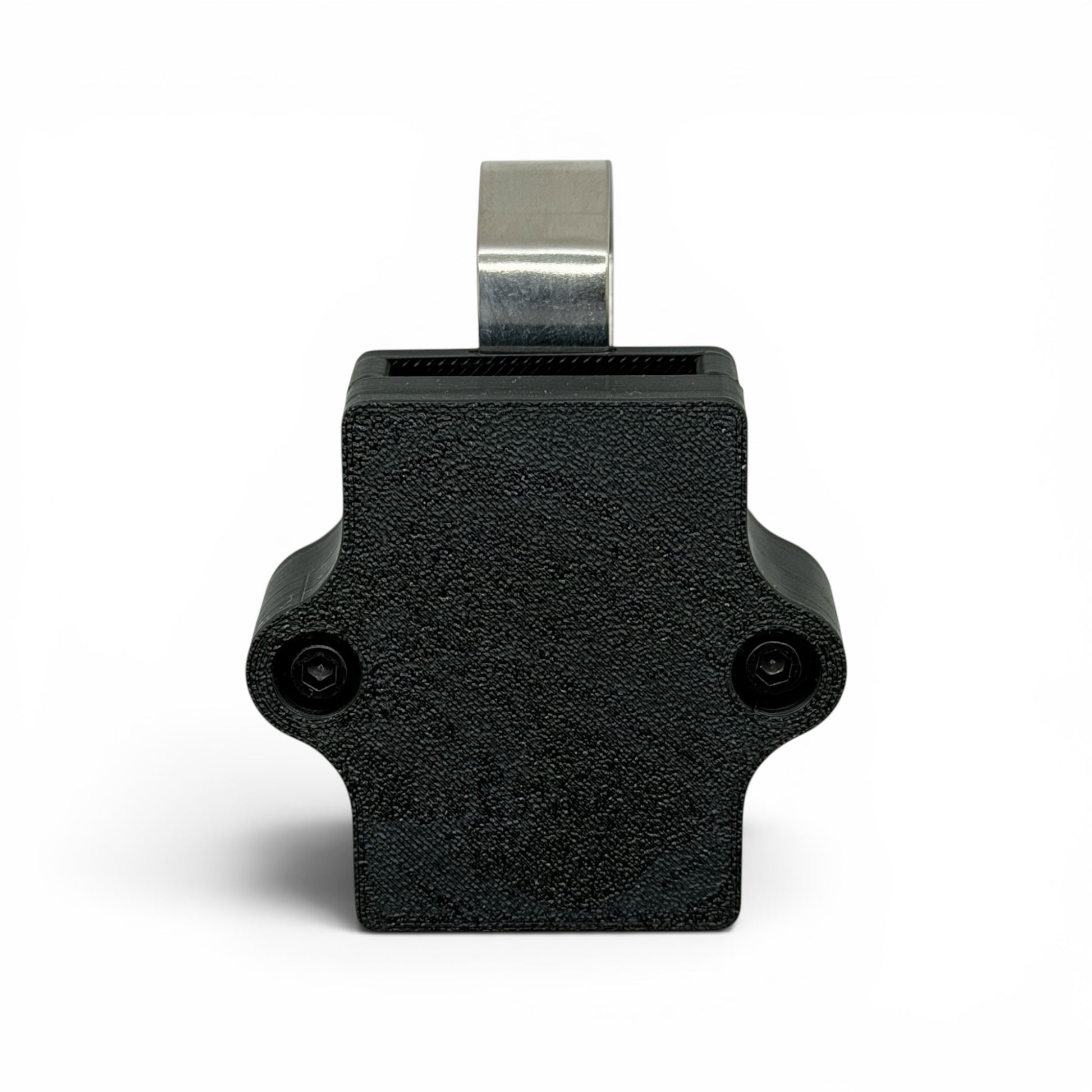 Front view of police radar tuning fork visor holder with anodized hardware and stainless steel visor clip