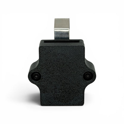 Front view of police radar tuning fork visor holder with anodized hardware and stainless steel visor clip