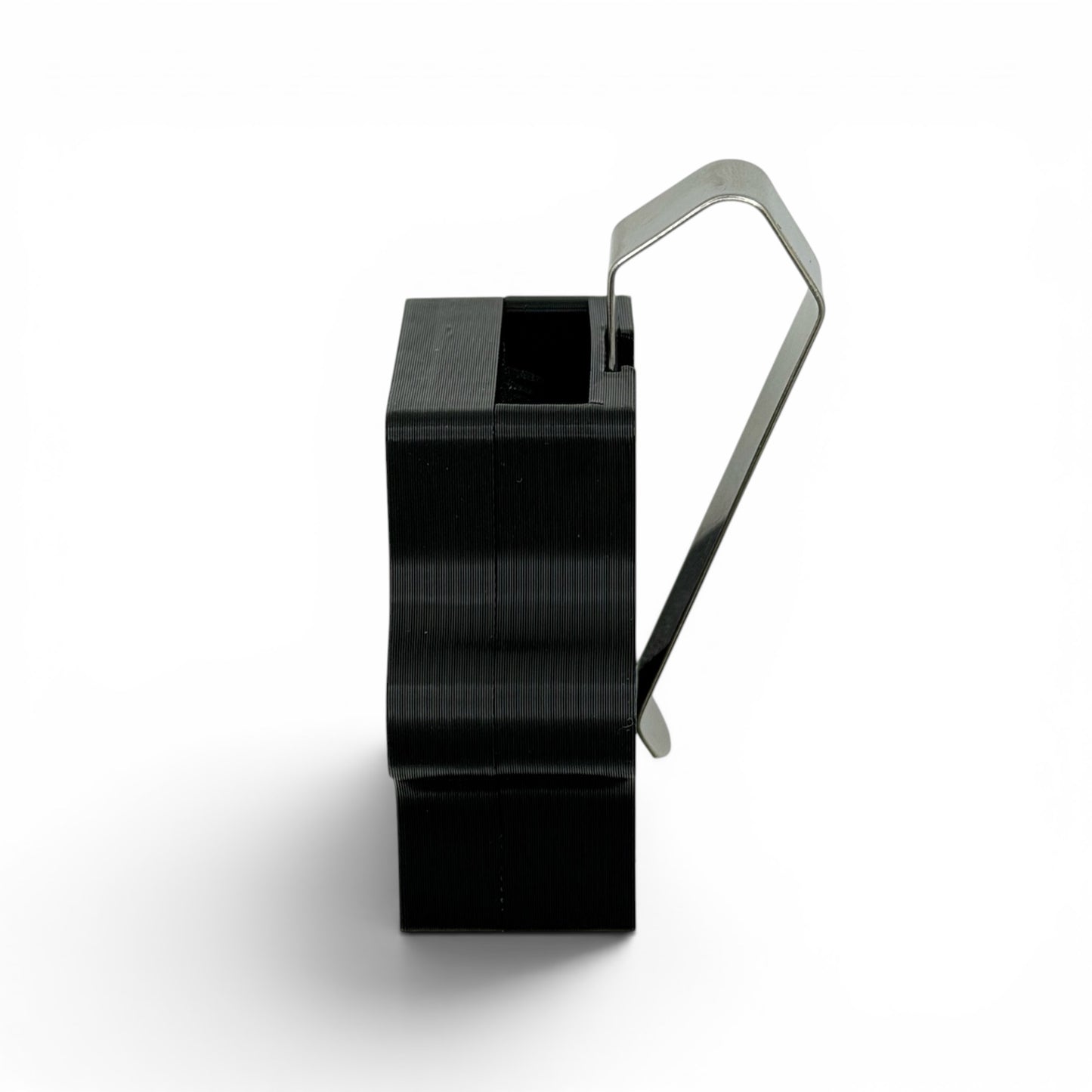 Side view of police radar tuning fork visor holder showing low-profile design and visor mounting clip