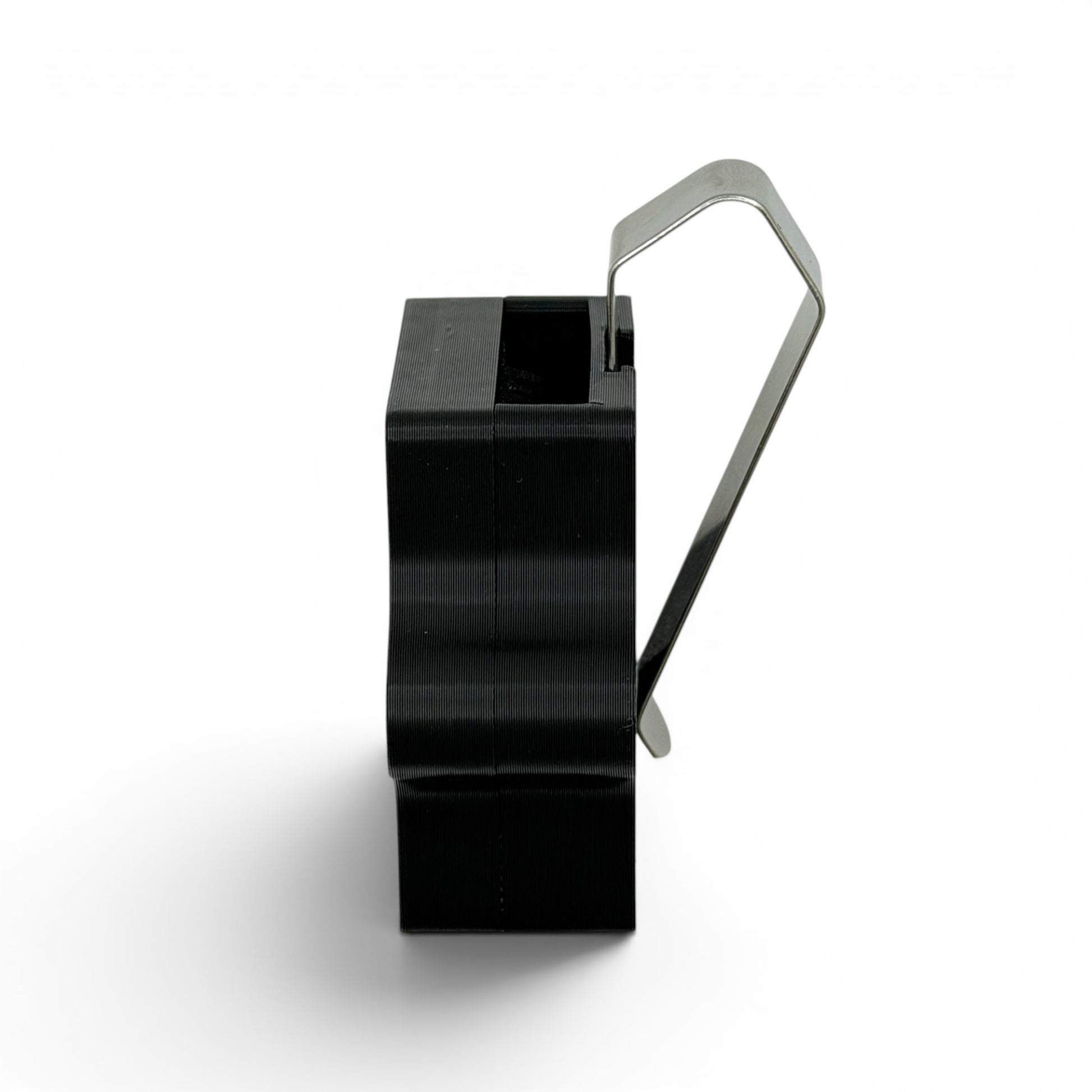 Side view of police radar tuning fork visor holder showing low-profile design and visor mounting clip